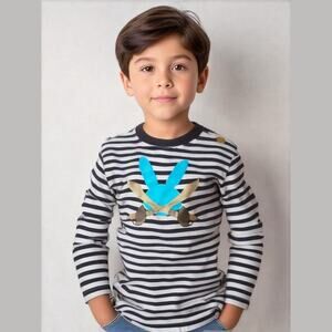 No Added Sugar Boys Shirt Size 4-5 Years Pirate Bunny Navy Blue White Striped